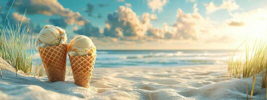 Two waffle cones with creamy ice cream scoops rest on sandy beach under sunny sky, evoking happy summer vibes and serene coastal atmosphere photo