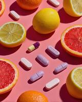 Vibrant flat lay of citrus fruits and vitamins on pink background, promoting health and wellness photo
