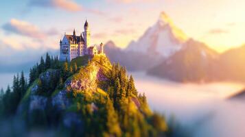 majestic castle perched on sunlit mountain ledge, surrounded by misty alpine scenery and vibrant greenery photo
