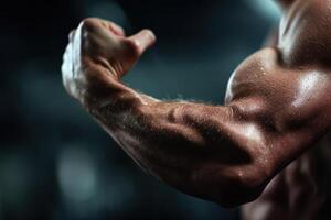 muscular arm flexing with visible veins and sweat, showcasing strength and fitness in gym environment photo