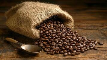 Specialty coffee beans spilling from burlap sack with scoop nearby, creating rustic and warm ambiance photo