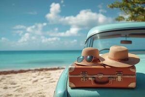 vintage car parked by beach with suitcase on trunk, adorned with summer hats and sunglasses, evoking relaxing vacation vibe photo