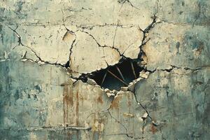 cracked concrete wall with exposed rebar, symbolizing aftermath of earthquake and need for rescue efforts photo
