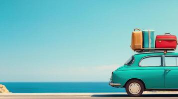 retro car with roof rack loaded with colorful suitcases parked by scenic coastal road under clear blue sky photo