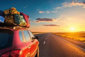 car loaded with bags on roof drives along highway at sunrise, evoking sense of adventure and freedom photo