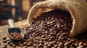 Specialty coffee beans spilling from burlap sack with wooden scoop nearby, creating warm and inviting atmosphere photo