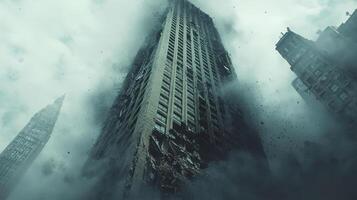 tall building partially collapsed amidst heavy dust and debris, symbolizing aftermath of earthquake. scene conveys urgency and chaos photo