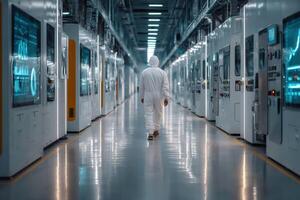 Engineer in high tech uniform walking through corridor of advanced machines and digital displays in modern facility photo