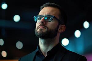 thoughtful man with glasses and beard looks upward in dimly lit environment, with blurred bokeh lights in background photo