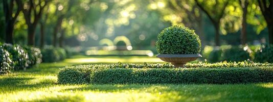 serene evergreen garden with manicured hedges, decorative shrub in stone planter, and sunlight filtering through lush green trees photo