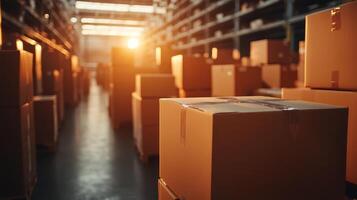 Boxes stacked in warehouse aisle with sunlight streaming through, creating warm and soft glow photo