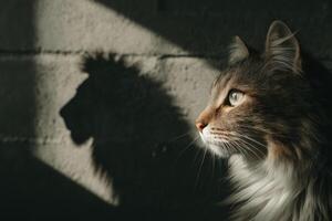 cat gazes intently with lion shadow cast on wall, symbolizing inner strength and courage photo