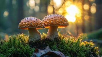 Two vibrant red mushrooms with white spots stand on lush bed of moss in serene forest, illuminated by warm glow of setting sun photo