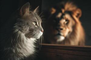 fluffy gray cat gazes at its reflection, which appears as lion, symbolizing inner strength and confidence photo