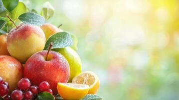 Fresh apples, grapes, and lemon slices glistening with dew, symbolizing health and well being in vibrant natural setting photo
