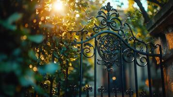 ornate wrought iron gate surrounded by lush greenery, illuminated by warm sunlight, creating serene and elegant atmosphere photo