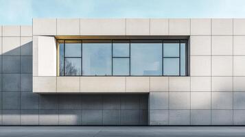 modern Bauhaus inspired building facade with clean lines, geometric shapes, and large glass windows under clear sky photo