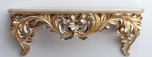 ornate golden wall mounted shelf with intricate floral carvings and elegant detailing, showcasing luxury and craftsmanship photo