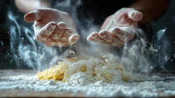 pair of hands covered in flour passionately prepares artisanal pasta, with flour dust dramatically rising in air, creating rustic atmosphere photo