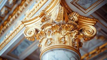 ornate marble column with intricate golden details and classical design, showcasing luxury and elegance in architecture photo