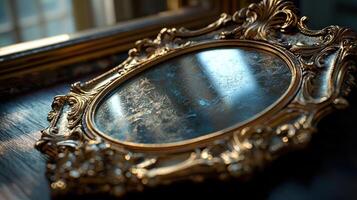 ornate antique mirror with oval shape and intricate golden frame rests on wooden surface, reflecting soft light photo
