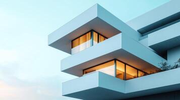 modern Bauhaus inspired building with clean geometric lines, large glass windows, and minimalist design illuminated by warm photo