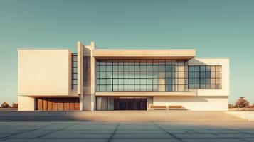 modern building with Bauhaus inspired design features clean lines, large glass windows, and minimalist architecture clear sky photo