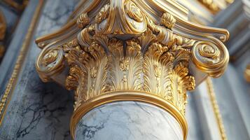 ornate marble column with intricate golden carvings and detailed scrollwork, showcasing luxury and classical design photo