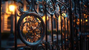 ornate wrought iron gate with intricate floral patterns glows warmly under soft streetlights, creating timeless ambiance photo