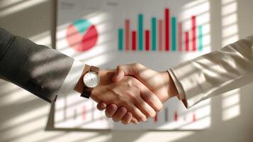 Two people shaking hands in business setting with market charts in background, creating tense atmosphere photo