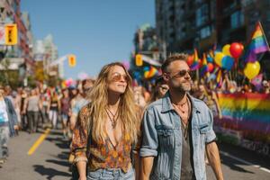A Couple walking confidently during pride month parade with vibrant rainbow flags and balloons in lively urban setting photo