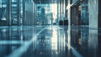 Modern office building lobby with reflective polished floors, large glass windows, and natural light creating serene atmosphere photo