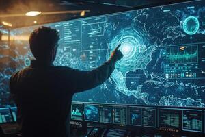 man analyzing earthquake data on futuristic digital screen, focusing on rescue operations and search efforts. scene conveys urgency and heroism photo