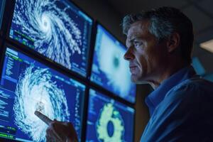 meteorologist analyzes hurricane data on multiple screens, focusing on storm patterns and intensity. scene conveys urgency and precision photo