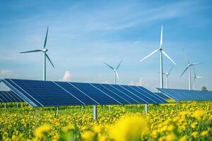 vibrant field of yellow flowers with solar panels and wind turbines showcases harmony of renewable energy sources in natural setting photo