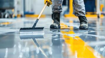 worker in protective gear uses squeegee to clean wet industrial floor, ensuring safety and maintenance in factory environment photo