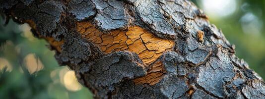 close up of tree trunk with textured bark revealing vibrant orange inner layer, surrounded by lush greenery and soft natural light photo