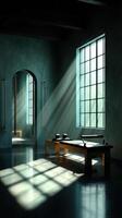 serene minimalist pilates studio with dramatic lighting, featuring reformer machine and large windows casting soft shadows photo