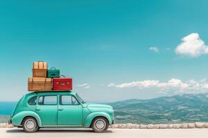 vintage car with roof rack loaded with suitcases and baskets, parked by scenic roadside under clear blue sky photo