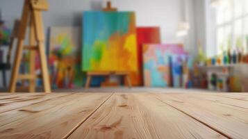 Empty cherry wood tabletop in front of softly blurred art studio interior with colorful canvases and scattered brushes photo