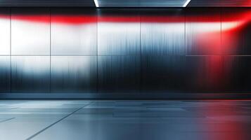 sleek, futuristic interior with metallic walls and glowing red light reflection, creating modern and high tech atmosphere photo
