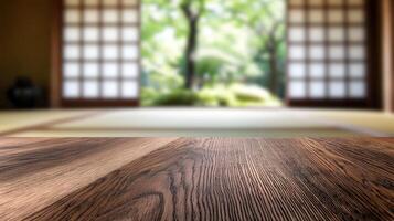 Elegant walnut tabletop set against blurry Japanese style tea room with soft tatami mats and sliding wooden doors photo