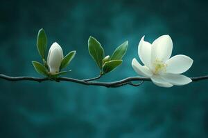 delicate white magnolia flower and buds on branch with vibrant green leaves, set against serene teal background, evoke sense of tranquility photo