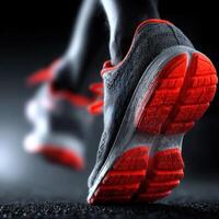 Running shoes with red soles in motion, symbolizing energy and fitness on dark textured surface photo