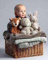 Baby sitting in wicker basket with soft blankets and stuffed animals, looking curious and happy photo