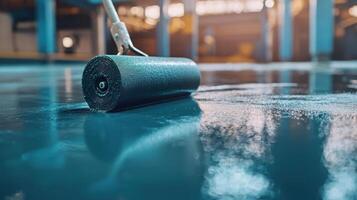 Close up of roller applying fresh epoxy resin on concrete surface, creating smooth industrial flooring finish in factory setting photo