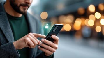 man using smartphone with secure API connection overlay, symbolizing mobile banking and data protection photo