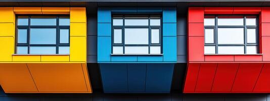 Colorful geometric windows in modern Bauhaus inspired building create vibrant and dynamic architectural design photo