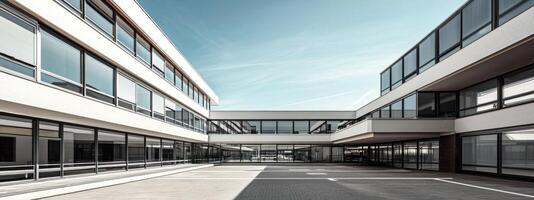 Modern Bauhaus inspired architecture with clean lines, large glass windows, and spacious courtyard under clear sky photo