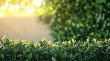 lush green hedge with sunlight streaming through background, creating serene and peaceful atmosphere, perfect for banners or advertisements photo